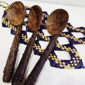Kitul wooden Coconut shell Spoons 3 & Spoon Holder reed